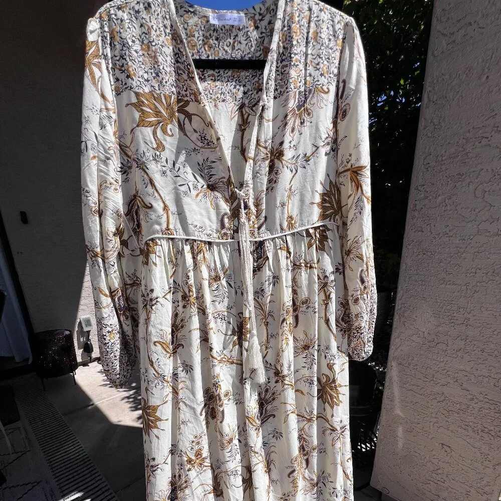 NWOT Flowy Maxi Dress, Lightweight Floral, Neutral, V neck with tie, mid sleeve. - Picture 1 of 6